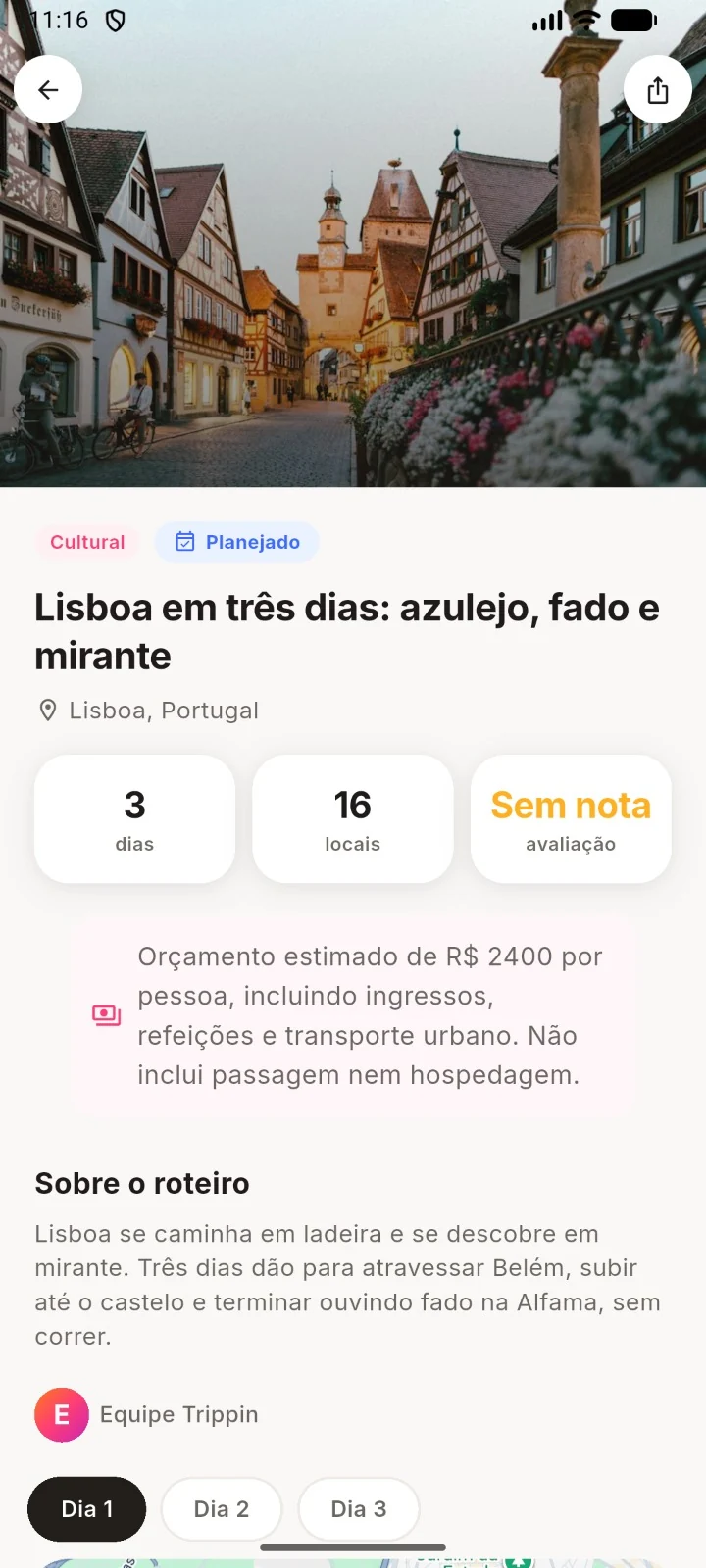 Detalhes de um roteiro no aplicativo Viajaê, com duração e informações sobre a viagem