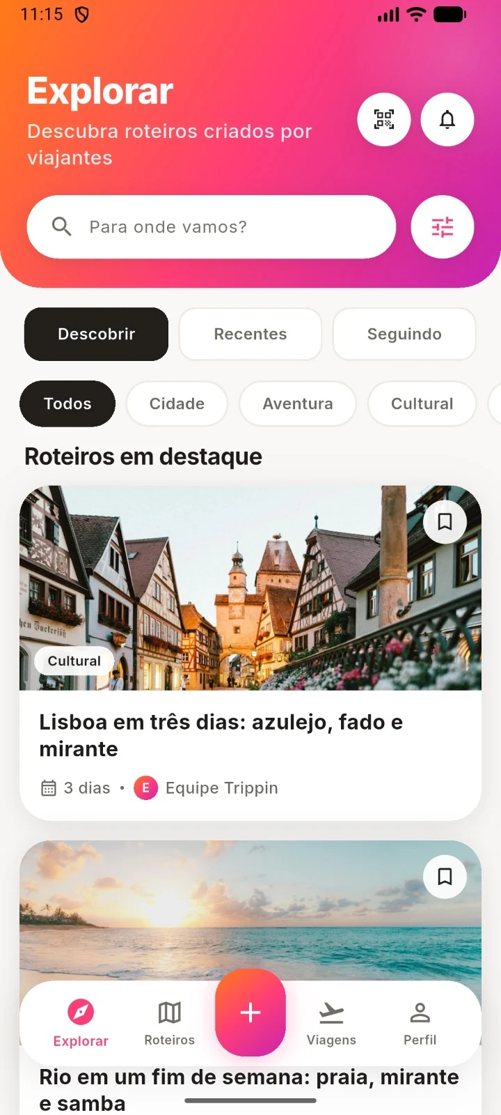 Tela Explorar do Viajaê, com roteiros e sugestões de destinos