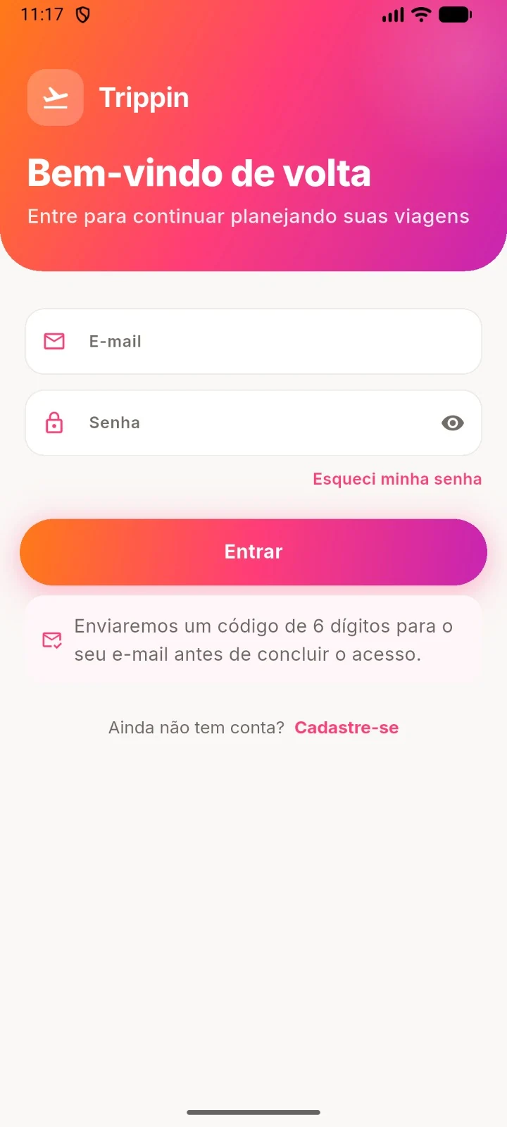 Tela de entrada do aplicativo Viajaê