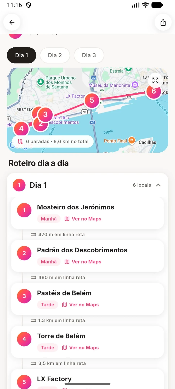 Mapa de seis paradas com pontos numerados no aplicativo Viajaê